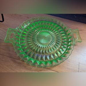 Vintage Uranium Glass Handled Plate Server Charger Hazel Atlas 12 1/2”